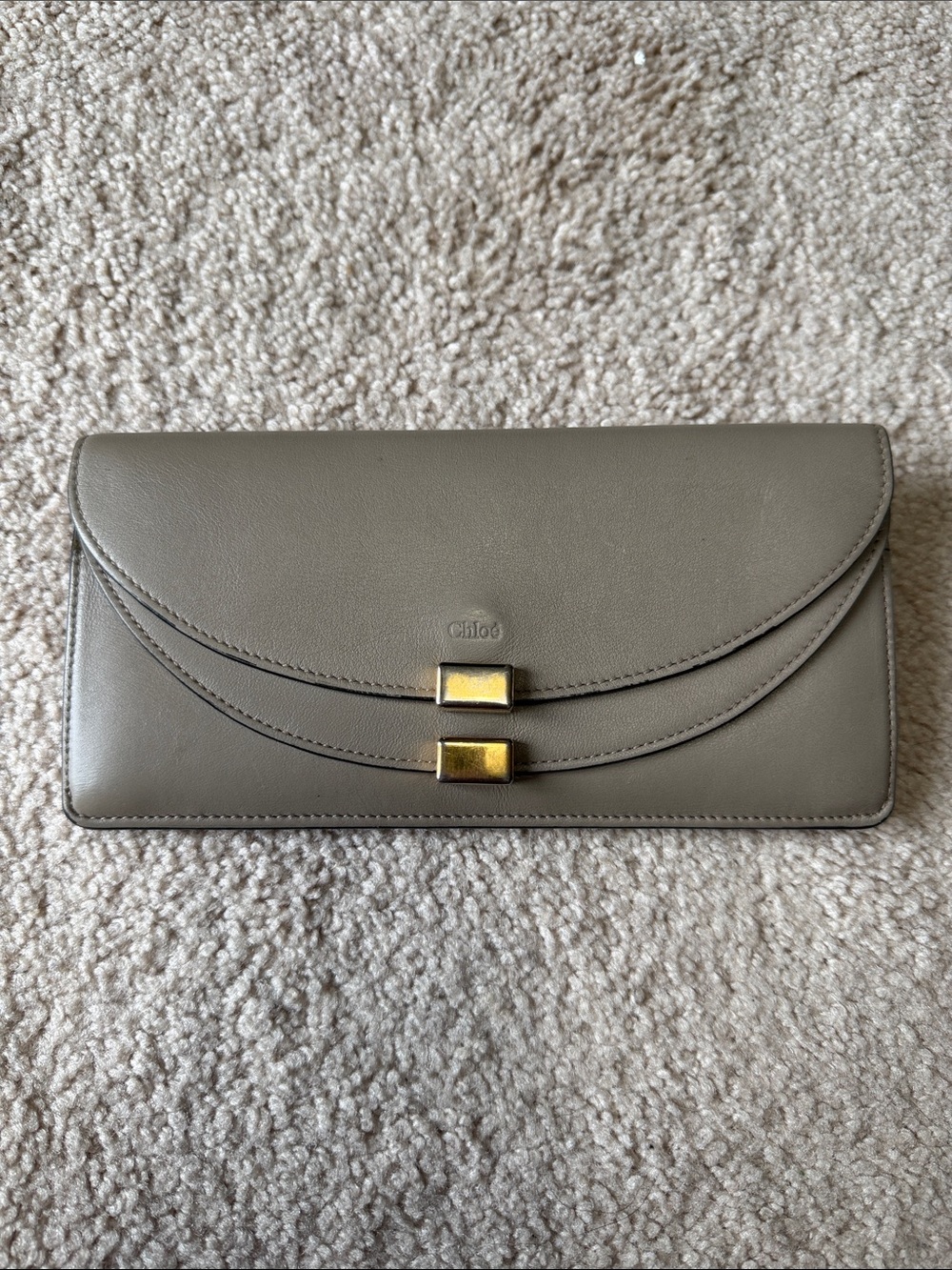 Chloé Motty Grey Leather Flap Clutch with Gold Accents